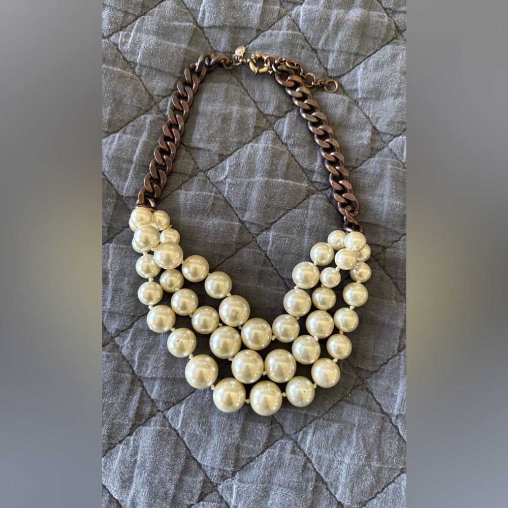 J Crew Vintage Statement Elegant Pearl Necklace with Bronze Chain.